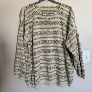 Vintage Cream and Brown Print Stripe Crew Neck Oversized 90s Y2K Sweater Size XL